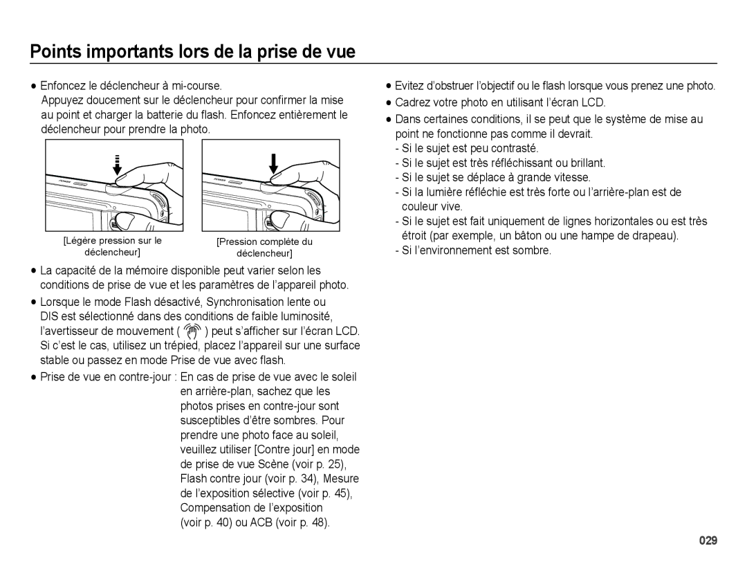 Samsung EC-ES73ZZBPBE1, EC-ES74ZZBDBE1 manual Points importants lors de la prise de vue, Enfoncez le déclencheur à mi-course 