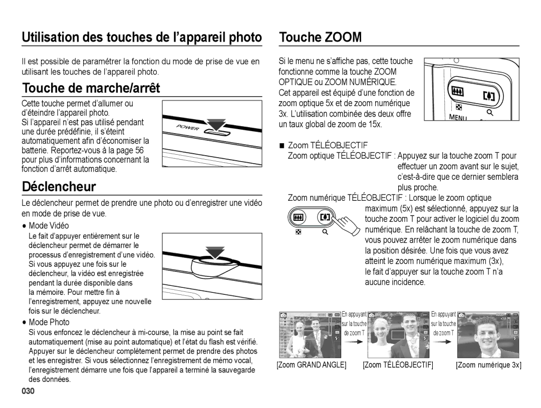 Samsung EC-ES74ZZBDBE1 manual Utilisation des touches de l’appareil photo Touche Zoom, Touche de marche/arrêt, Déclencheur 