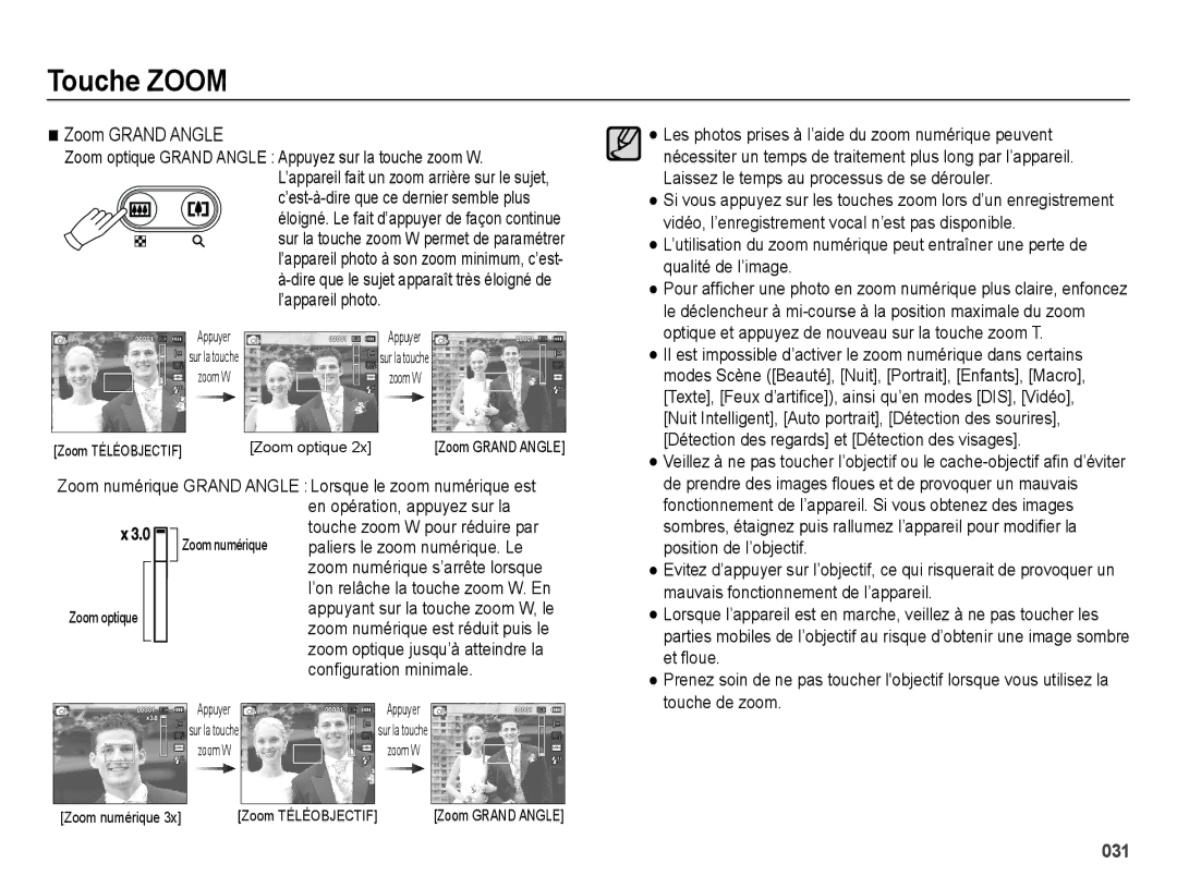 Samsung EC-ES73ZZBPBE1, EC-ES74ZZBDBE1 manual Touche Zoom, Zoom Grand Angle 