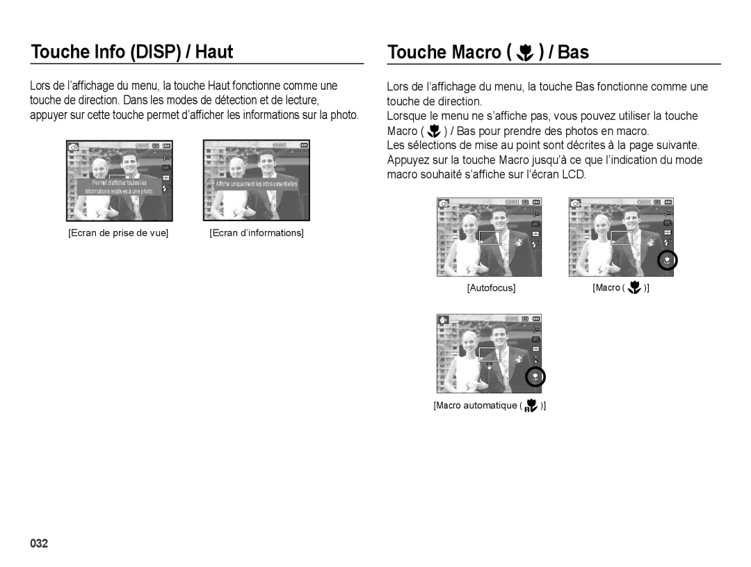 Samsung EC-ES74ZZBDBE1, EC-ES73ZZBPBE1 manual Touche Info Disp / Haut, Touche Macro / Bas 