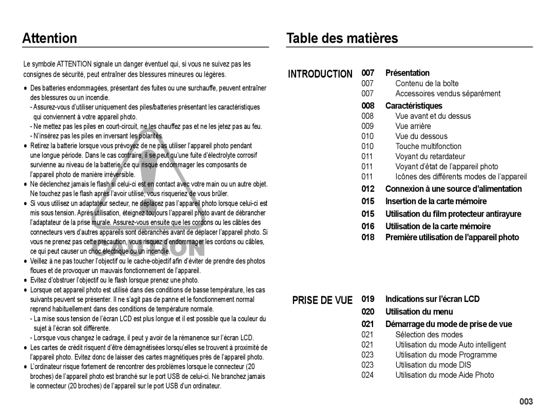 Samsung EC-ES73ZZBPBE1, EC-ES74ZZBDBE1 manual Table des matières, ’insérez pas les piles en inversant les polarités 