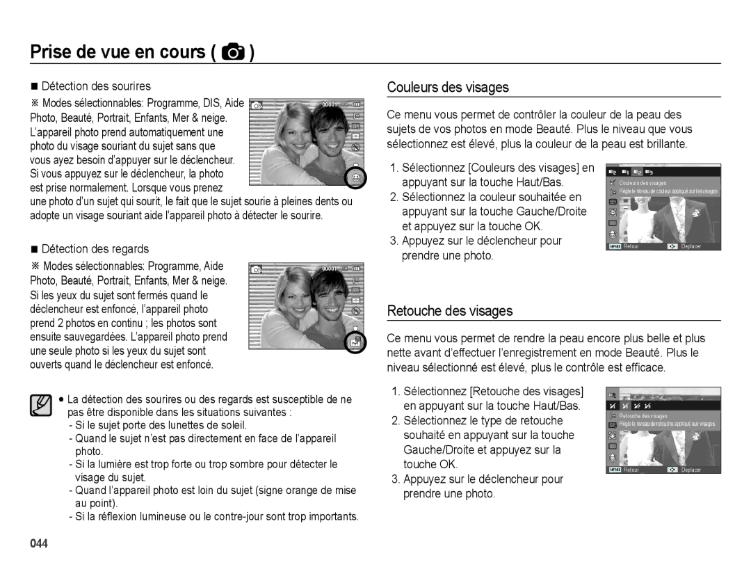 Samsung EC-ES74ZZBDBE1 manual Couleurs des visages, Retouche des visages, Détection des sourires, Détection des regards 