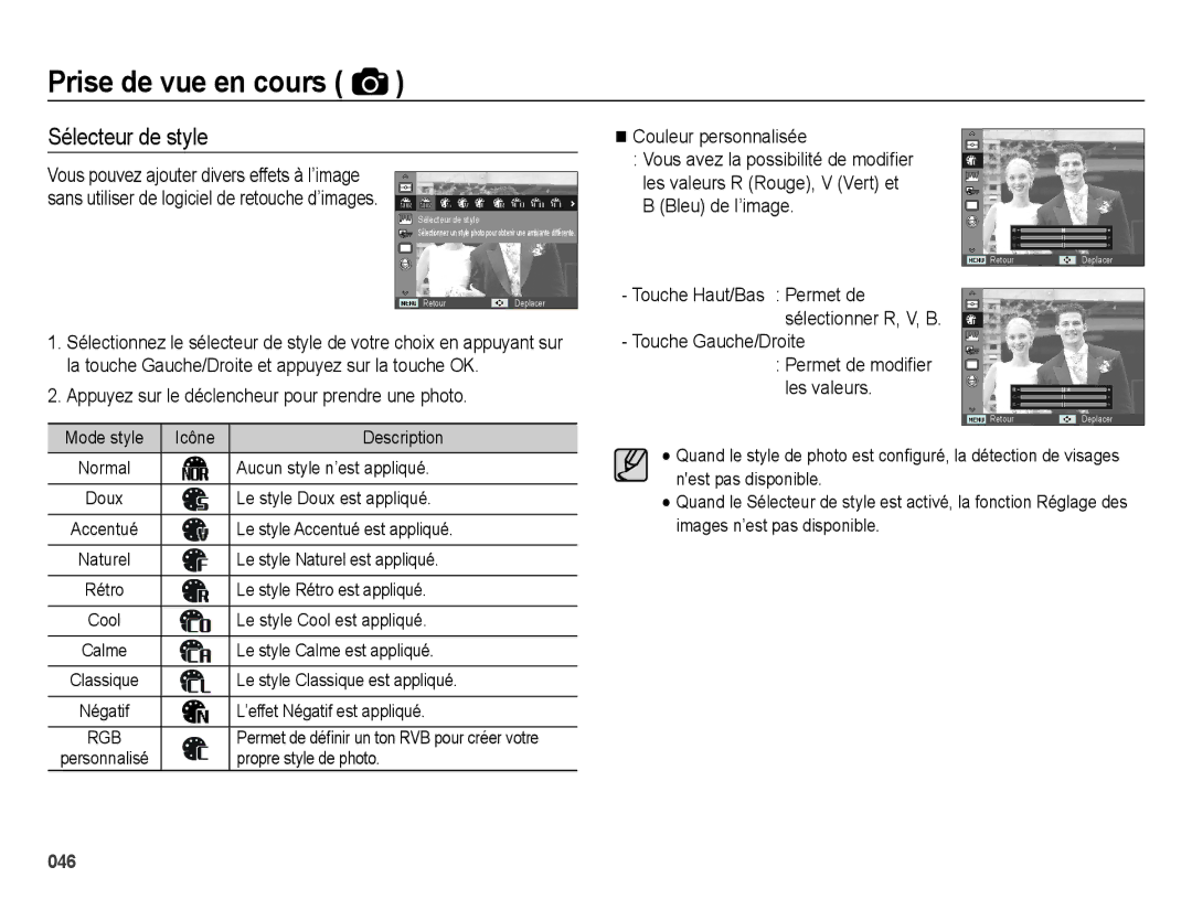 Samsung EC-ES74ZZBDBE1, EC-ES73ZZBPBE1 manual Sélecteur de style, Touche Gauche/Droite 