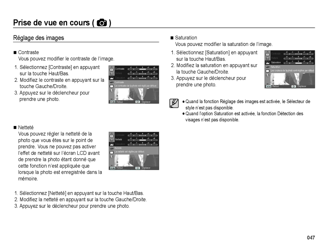 Samsung EC-ES73ZZBPBE1, EC-ES74ZZBDBE1 manual Réglage des images 