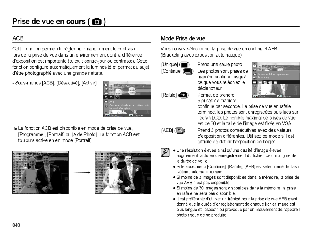 Samsung EC-ES74ZZBDBE1, EC-ES73ZZBPBE1 manual Mode Prise de vue 