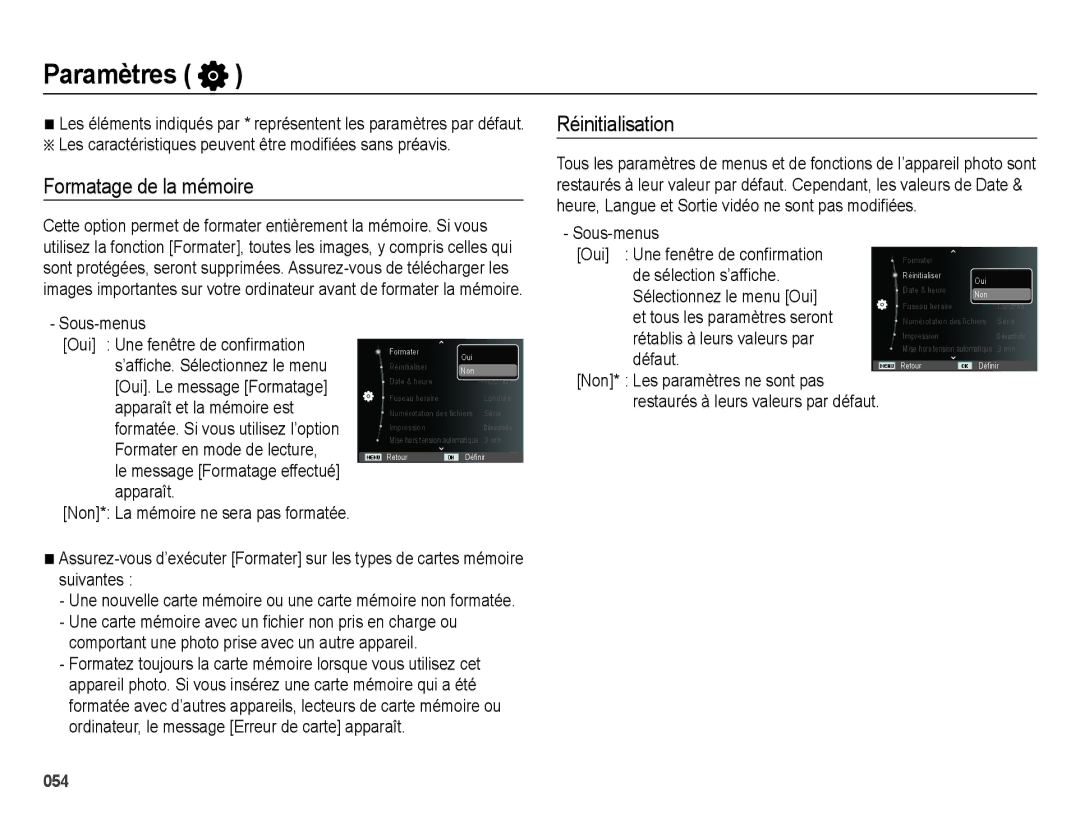 Samsung EC-ES74ZZBDBE1, EC-ES73ZZBPBE1 manual Paramètres, Formatage de la mémoire Réinitialisation 