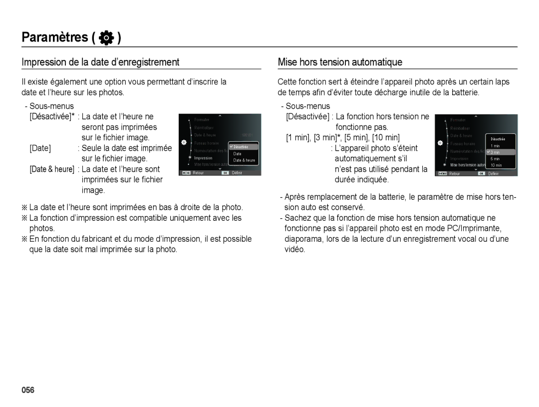 Samsung EC-ES74ZZBDBE1 Impression de la date d’enregistrement, Mise hors tension automatique, Min, 3 min*, 5 min, 10 min 