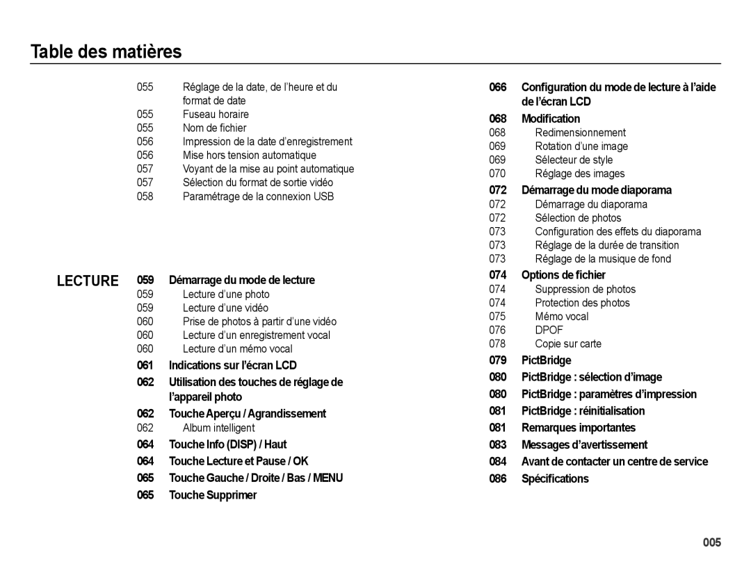 Samsung EC-ES73ZZBPBE1, EC-ES74ZZBDBE1 manual Lecture 059 Démarrage du mode de lecture, Album intelligent 