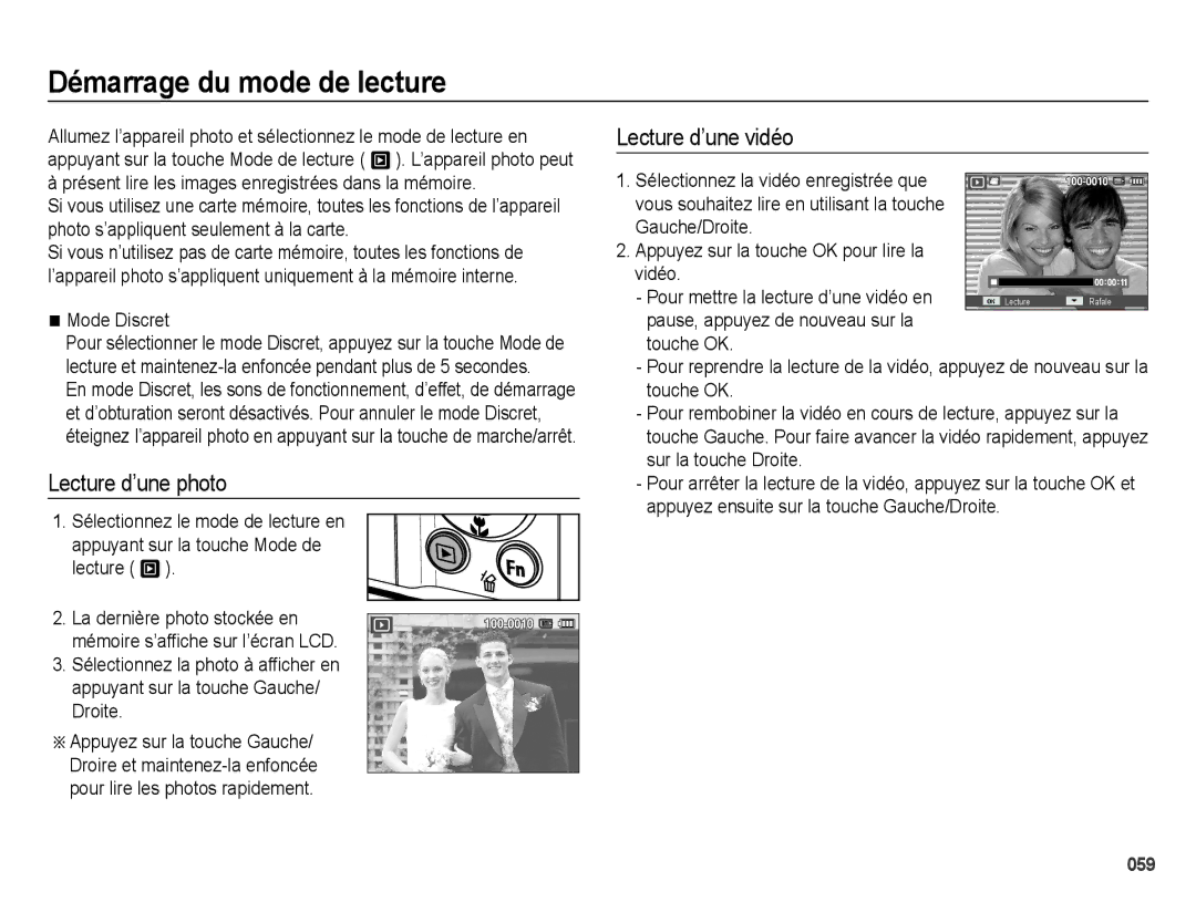 Samsung EC-ES73ZZBPBE1 manual Démarrage du mode de lecture, Lecture d’une photo, Lecture d’une vidéo, Mode Discret 