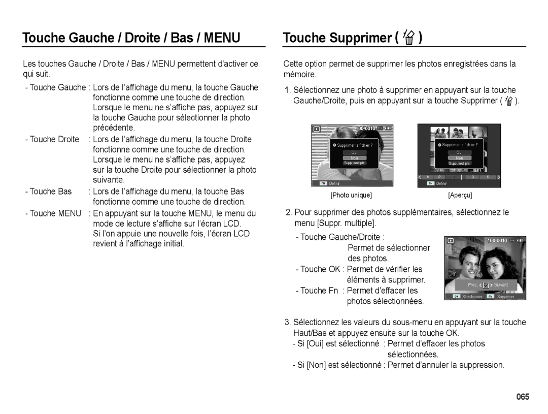 Samsung EC-ES73ZZBPBE1, EC-ES74ZZBDBE1 manual Touche Gauche / Droite / Bas / Menu, Touche Supprimer Õ, Suivante, Touche Bas 