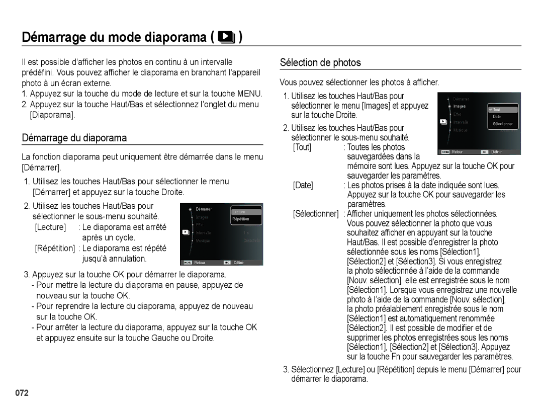 Samsung EC-ES74ZZBDBE1, EC-ES73ZZBPBE1 manual Démarrage du mode diaporama, Démarrage du diaporama, Sélection de photos 