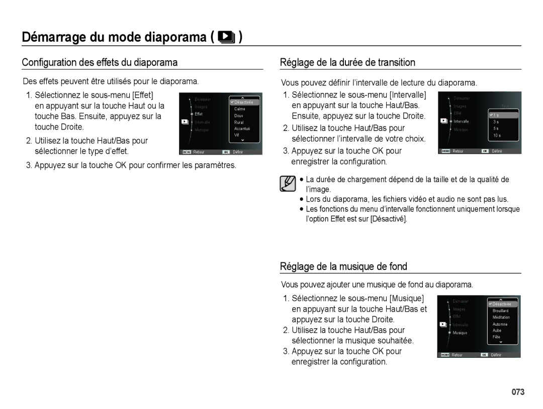 Samsung EC-ES73ZZBPBE1, EC-ES74ZZBDBE1 manual Conﬁguration des effets du diaporama, Réglage de la durée de transition 