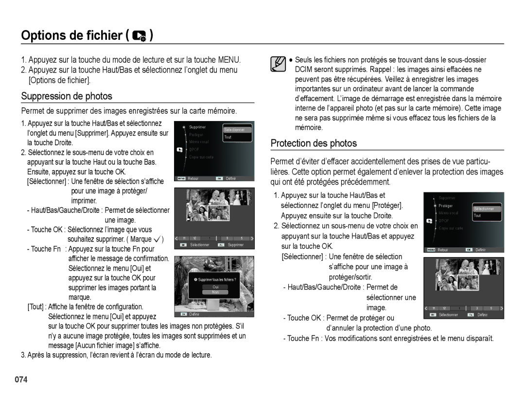 Samsung EC-ES74ZZBDBE1, EC-ES73ZZBPBE1 manual Options de ﬁchier, Suppression de photos, Protection des photos 