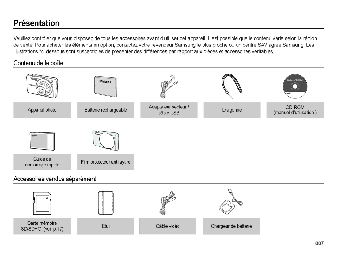 Samsung EC-ES73ZZBPBE1, EC-ES74ZZBDBE1 manual Présentation, Contenu de la boîte, Accessoires vendus séparément 