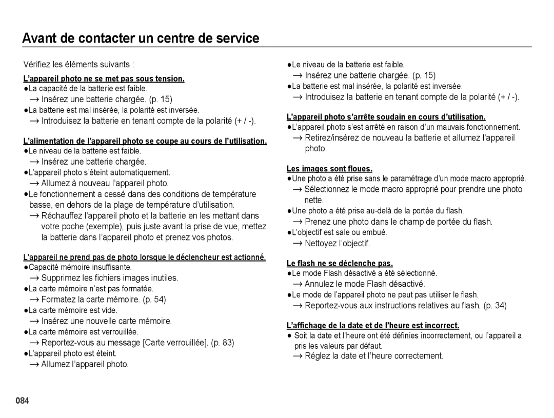 Samsung EC-ES74ZZBDBE1, EC-ES73ZZBPBE1 manual Avant de contacter un centre de service 