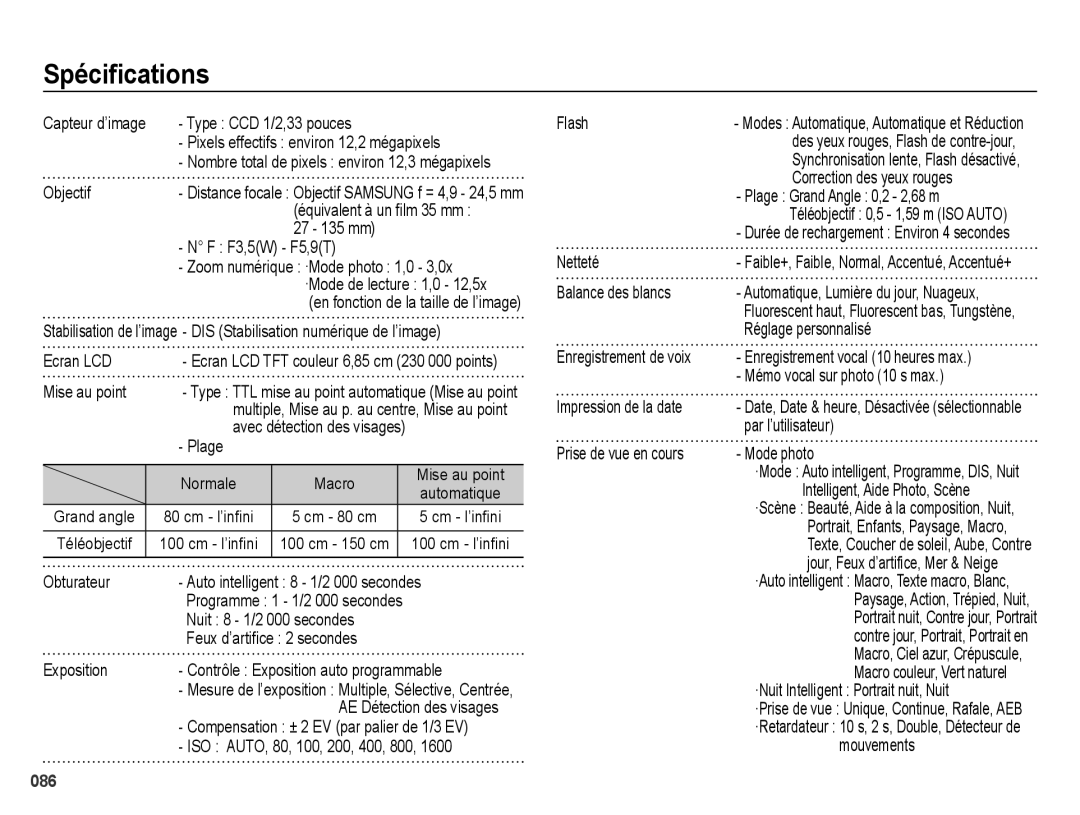 Samsung EC-ES74ZZBDBE1, EC-ES73ZZBPBE1 manual Spéciﬁcations 