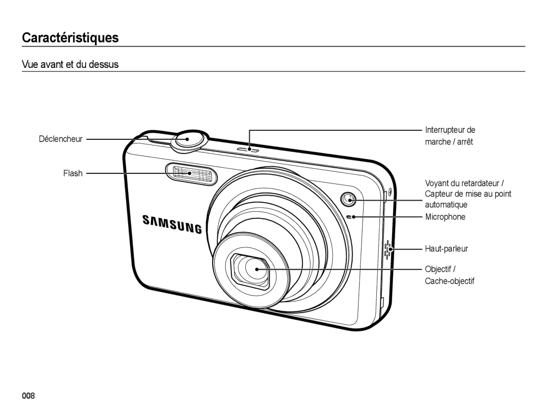 Samsung EC-ES74ZZBDBE1, EC-ES73ZZBPBE1 manual Caractéristiques, Vue avant et du dessus, Déclencheur Flash 