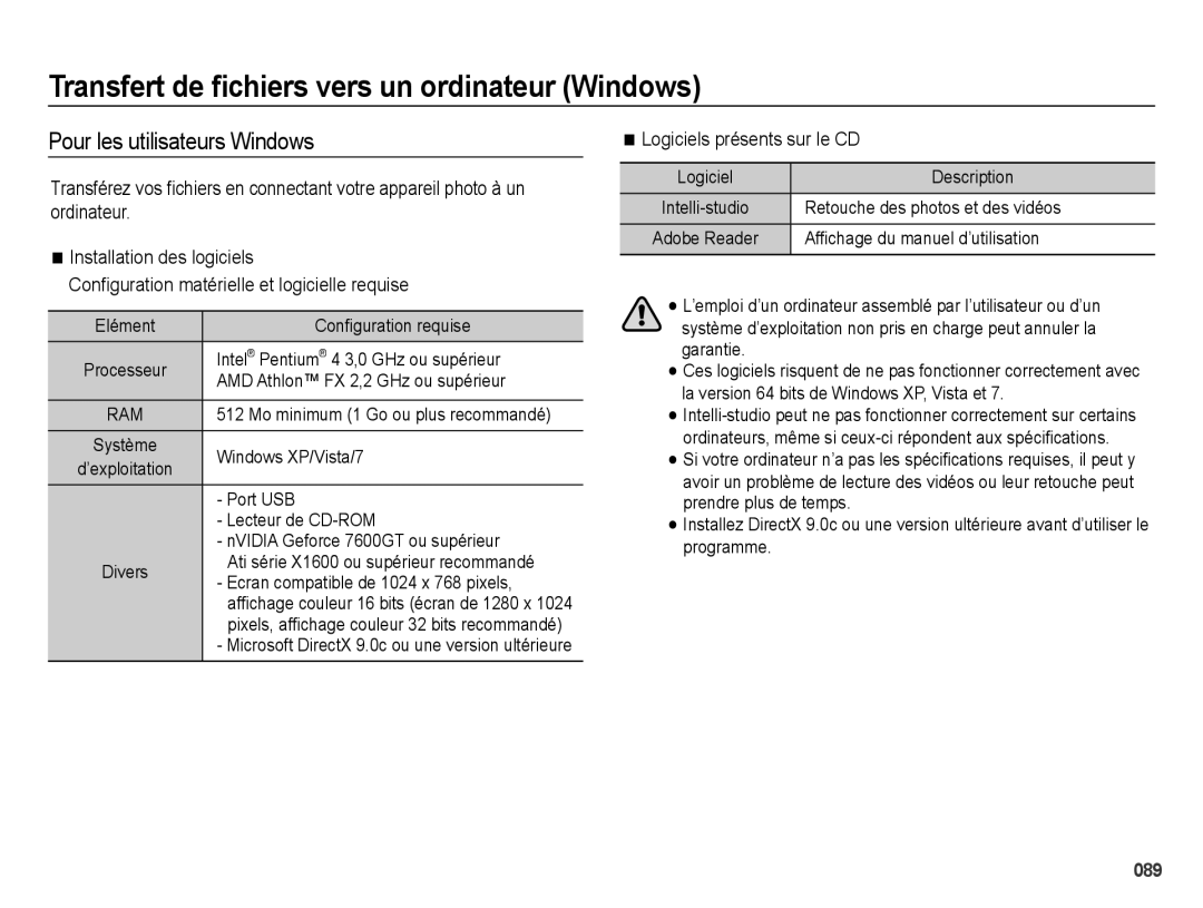 Samsung EC-ES73ZZBPBE1, EC-ES74ZZBDBE1 manual Transfert de ﬁchiers vers un ordinateur Windows, Pour les utilisateurs Windows 