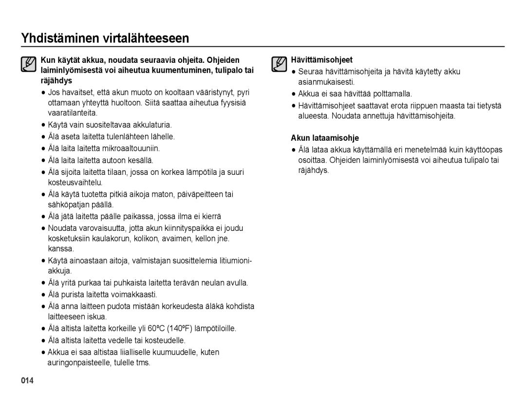 Samsung EC-ES73ZZBPBE2 manual Hävittämisohjeet, Akun lataamisohje 