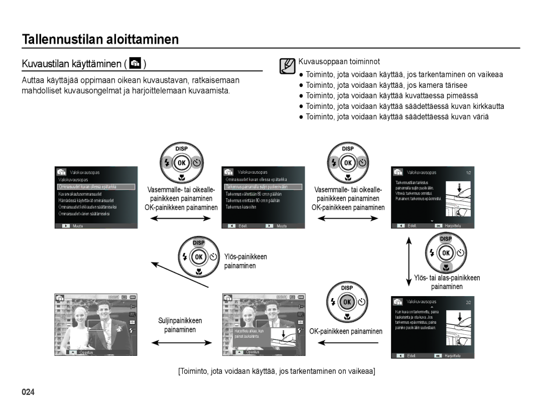 Samsung EC-ES73ZZBPBE2 manual Kuvaustilan käyttäminen, Kuvausoppaan toiminnot, Ylös- tai alas-painikkeen Painaminen 