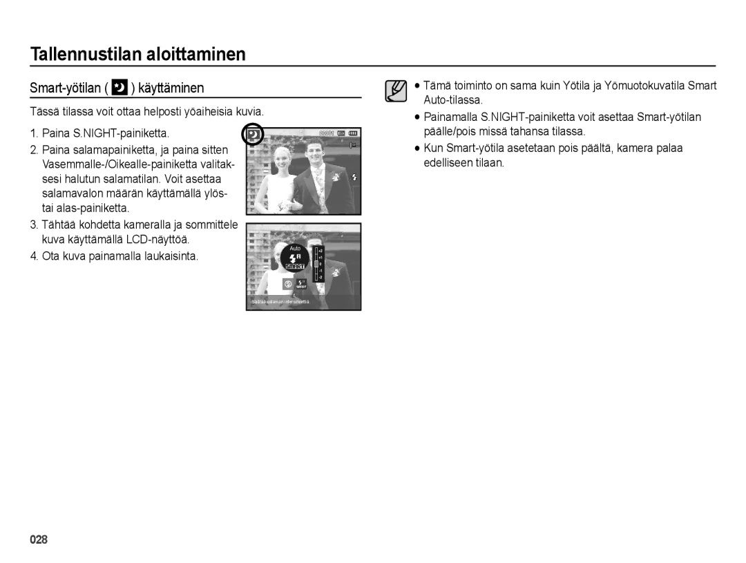 Samsung EC-ES73ZZBPBE2 manual Smart-yötilan käyttäminen 