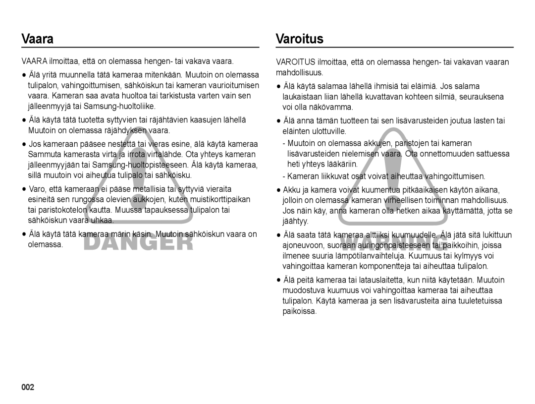 Samsung EC-ES73ZZBPBE2 manual Varoitus, Vaara ilmoittaa, että on olemassa hengen- tai vakava vaara 