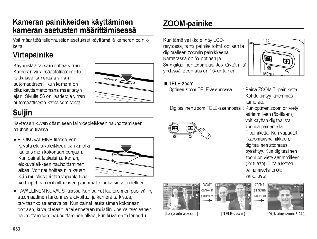 Samsung EC-ES73ZZBPBE2 manual Virtapainike, Suljin, ZOOM-painike 