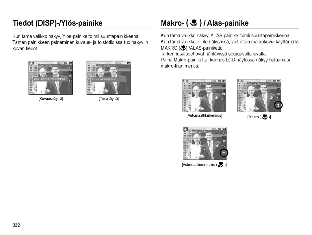 Samsung EC-ES73ZZBPBE2 manual Tiedot DISP-/Ylös-painike, Makro- / Alas-painike 