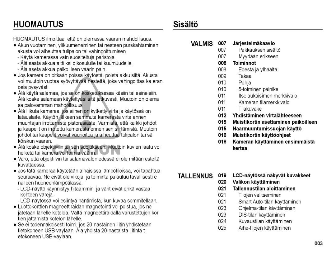 Samsung EC-ES73ZZBPBE2 manual Sisältö 