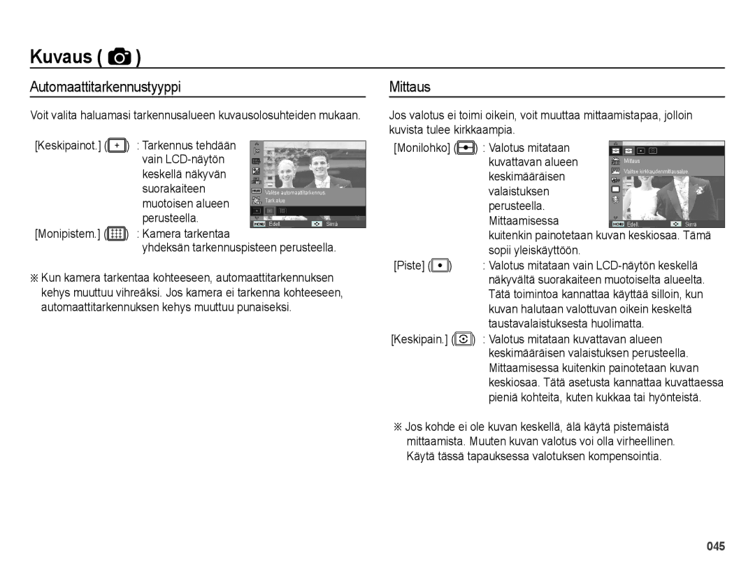 Samsung EC-ES73ZZBPBE2 manual Automaattitarkennustyyppi, Mittaus 