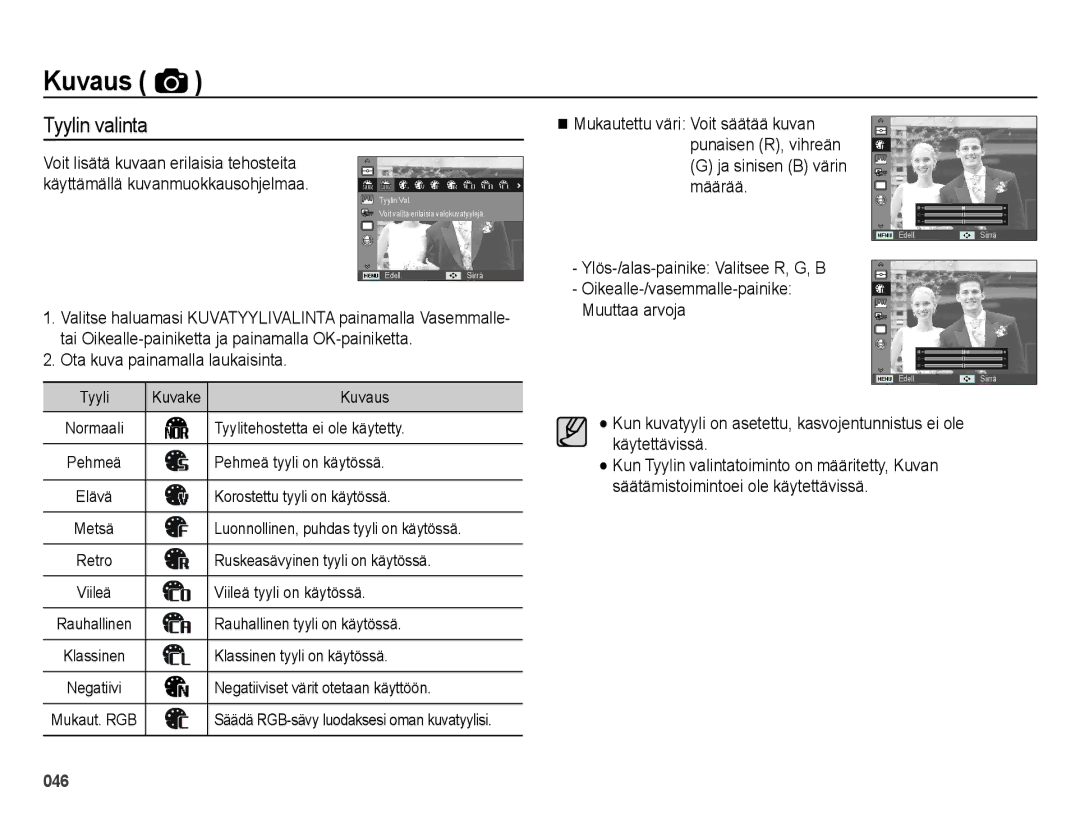 Samsung EC-ES73ZZBPBE2 manual Tyylin valinta 