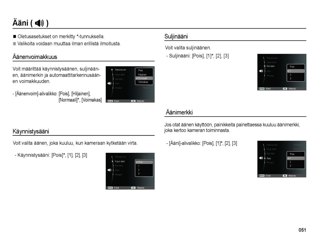 Samsung EC-ES73ZZBPBE2 manual Ääni , Äänenvoimakkuus Suljinääni, Äänimerkki Käynnistysääni 