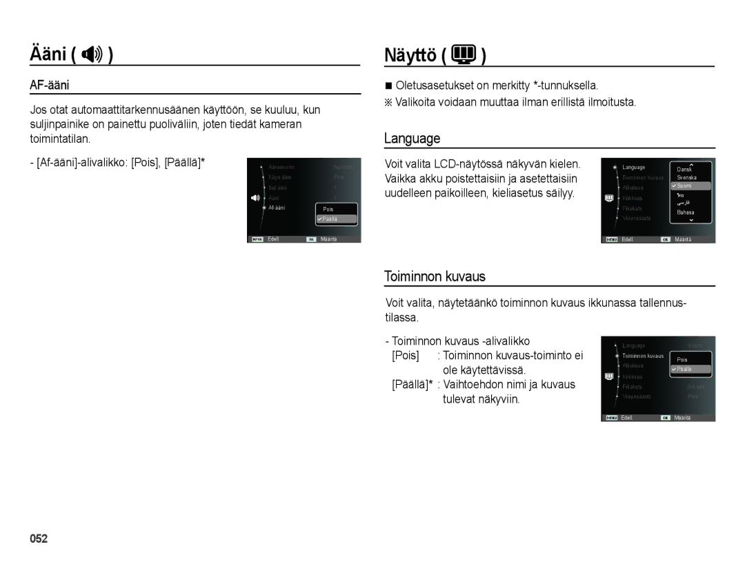 Samsung EC-ES73ZZBPBE2 manual Näyttö, Language, Toiminnon kuvaus 