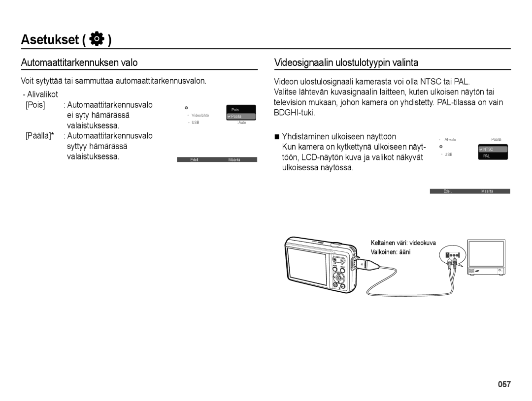 Samsung EC-ES73ZZBPBE2 manual Automaattitarkennuksen valo, Videosignaalin ulostulotyypin valinta 