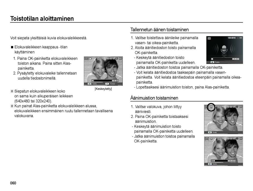 Samsung EC-ES73ZZBPBE2 manual Tallennetun äänen toistaminen, Äänimuistion toistaminen 