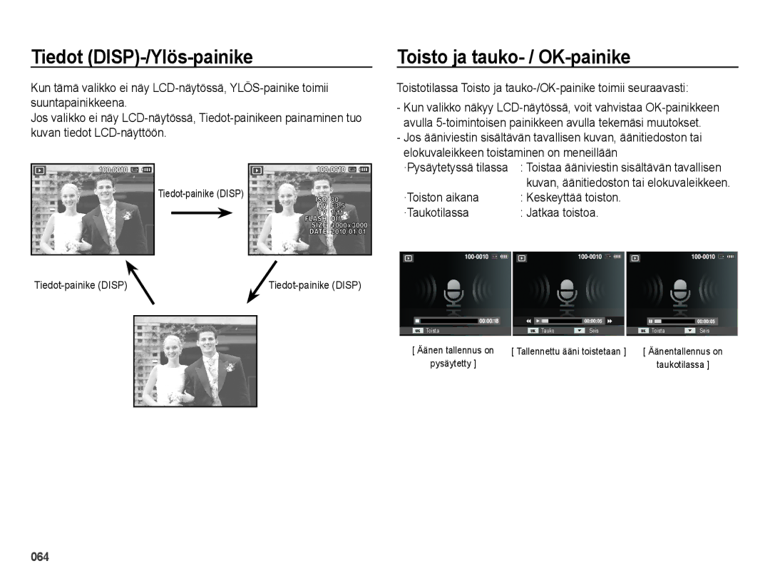 Samsung EC-ES73ZZBPBE2 manual Toisto ja tauko- / OK-painike, Tiedot-painike Disp 