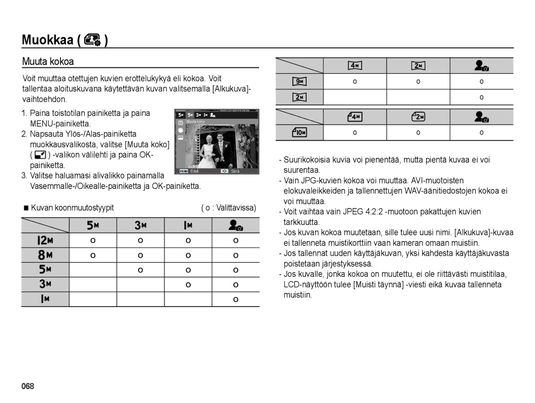 Samsung EC-ES73ZZBPBE2 manual Muokkaa, Muuta kokoa 