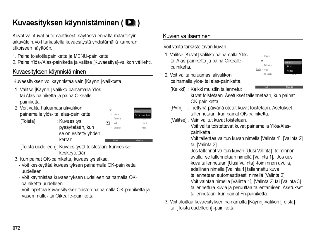 Samsung EC-ES73ZZBPBE2 manual Kuvaesityksen käynnistäminen, Kuvien valitseminen, OK-painiketta Pvm 