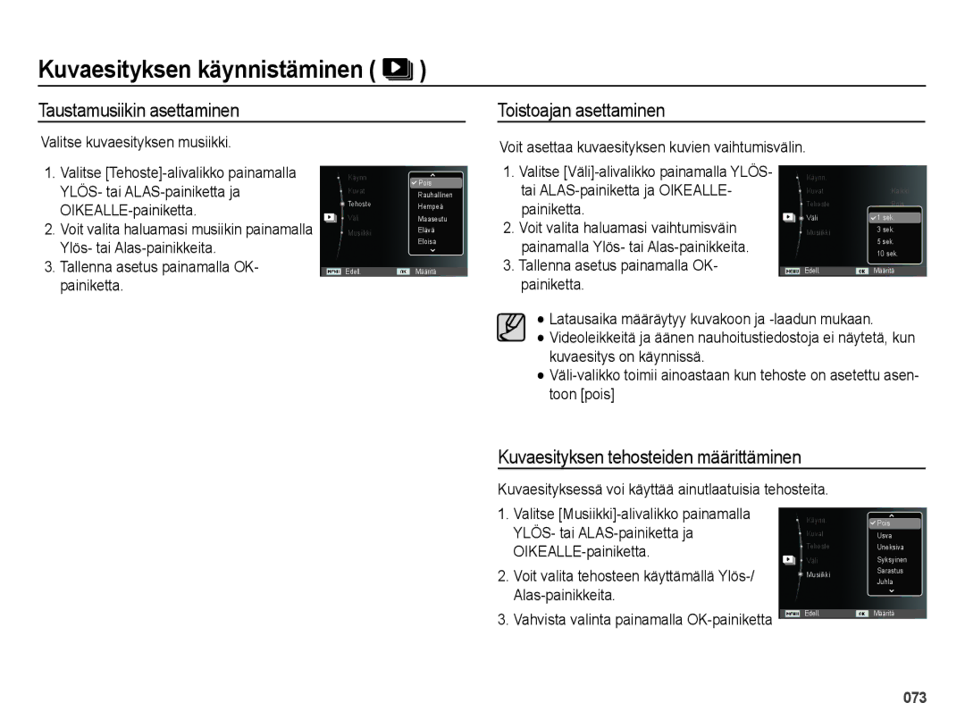 Samsung EC-ES73ZZBPBE2 manual Taustamusiikin asettaminen Toistoajan asettaminen, Kuvaesityksen tehosteiden määrittäminen 