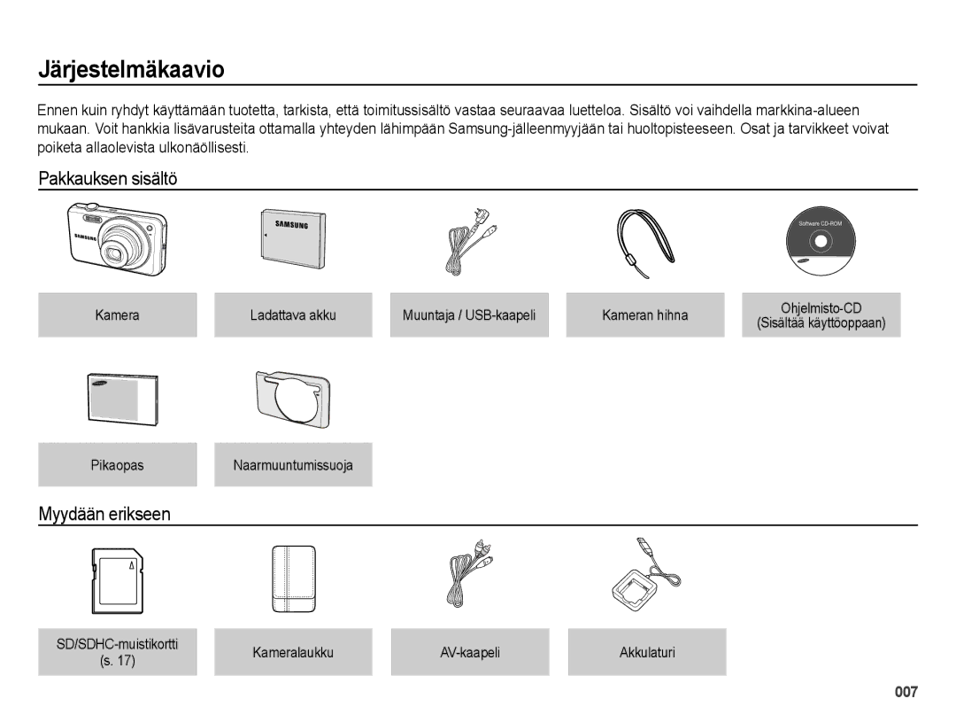 Samsung EC-ES73ZZBPBE2 manual Järjestelmäkaavio, Pakkauksen sisältö, Myydään erikseen 