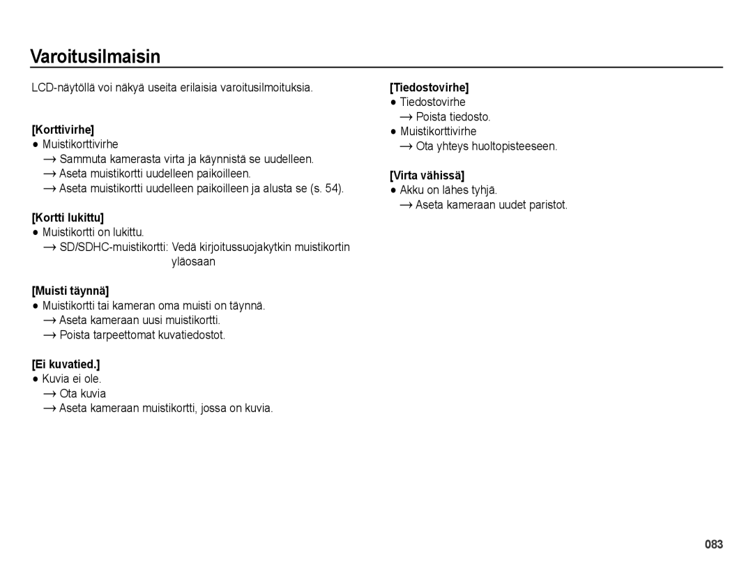 Samsung EC-ES73ZZBPBE2 manual Varoitusilmaisin, Korttivirhe Muistikorttivirhe, Muisti täynnä 