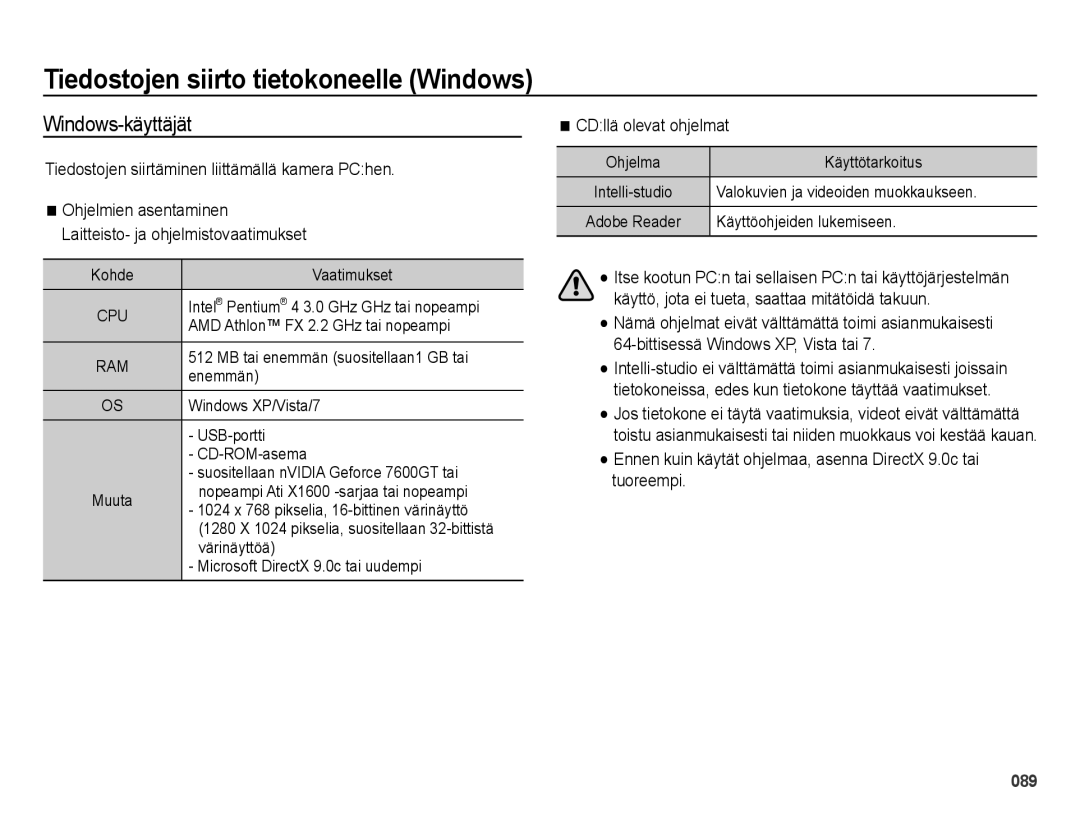 Samsung EC-ES73ZZBPBE2 manual Tiedostojen siirto tietokoneelle Windows, Windows-käyttäjät, CDllä olevat ohjelmat 