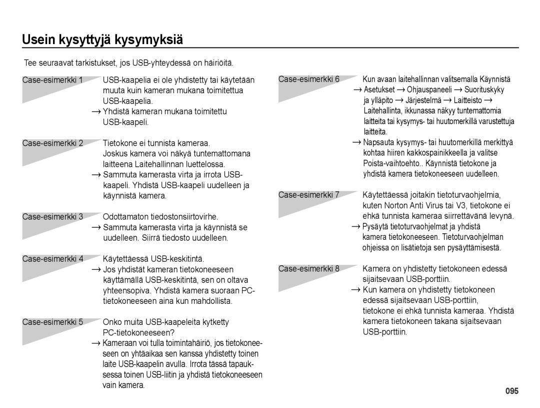 Samsung EC-ES73ZZBPBE2 manual Usein kysyttyjä kysymyksiä 