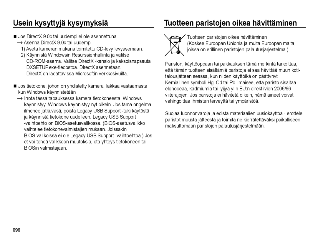 Samsung EC-ES73ZZBPBE2 manual Tuotteen paristojen oikea hävittäminen 