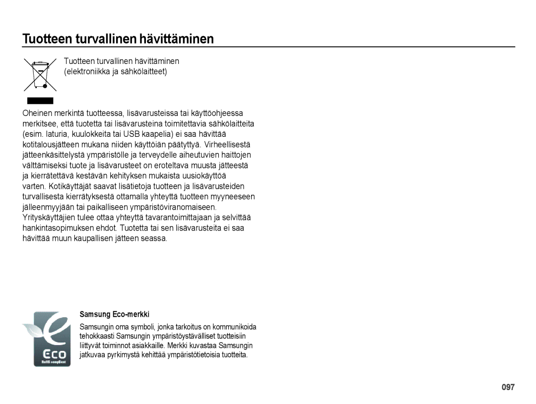 Samsung EC-ES73ZZBPBE2 manual Tuotteen turvallinen hävittäminen, Samsung Eco-merkki 