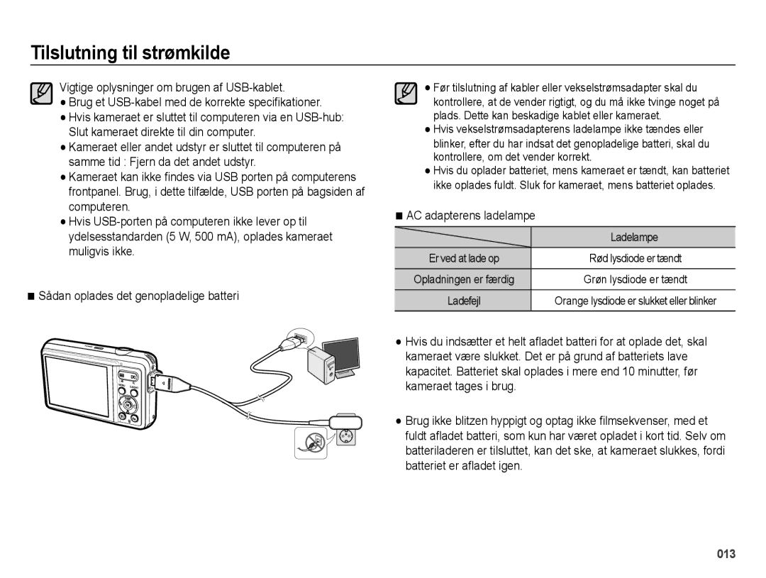 Samsung EC-ES73ZZBPBE2 manual Vigtige oplysninger om brugen af USB-kablet, AC adapterens ladelampe, Ladelampe 