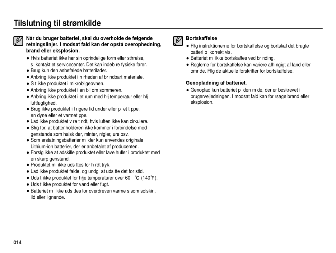 Samsung EC-ES73ZZBPBE2 manual Bortskaffelse, Genopladning af batteriet 