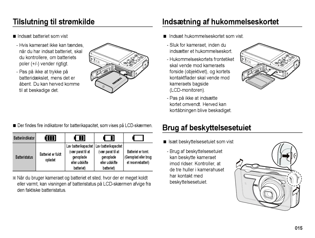 Samsung EC-ES73ZZBPBE2 manual Indsætning af hukommelseskortet, Brug af beskyttelsesetuiet, Indsæt batteriet som vist 