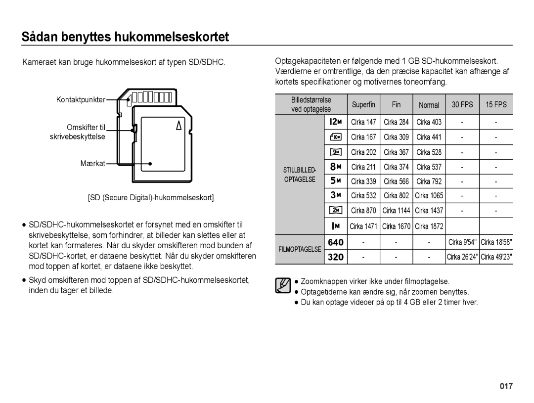 Samsung EC-ES73ZZBPBE2 manual Kameraet kan bruge hukommelseskort af typen SD/SDHC, Kontaktpunkter, Ved optagelse 