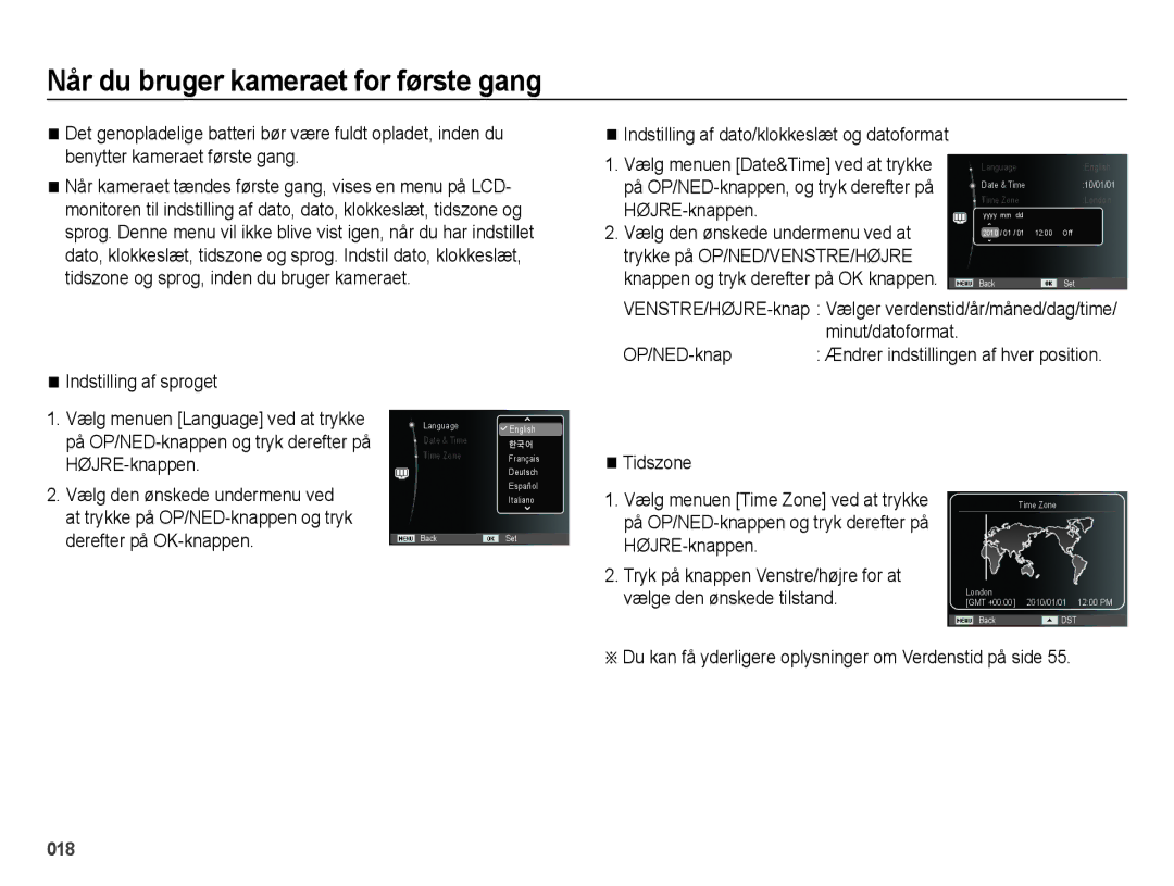 Samsung EC-ES73ZZBPBE2 manual Når du bruger kameraet for første gang, Minut/datoformat, OP/NED-knap 